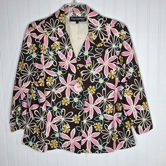 Painted Pony Blazer Women L Brown Pink Floral Button Up Jacket Hippy Boho Retro - Picture 1 of 13